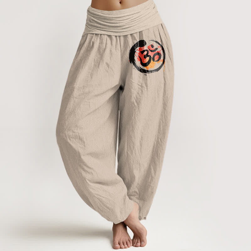 Buddha Stones Pure Cotton Black Circle Red Symbol Pattern Women's Elastic Waist Harem Pants - Tan - US16，UK/AU20，EU48 (3XL) - image 0