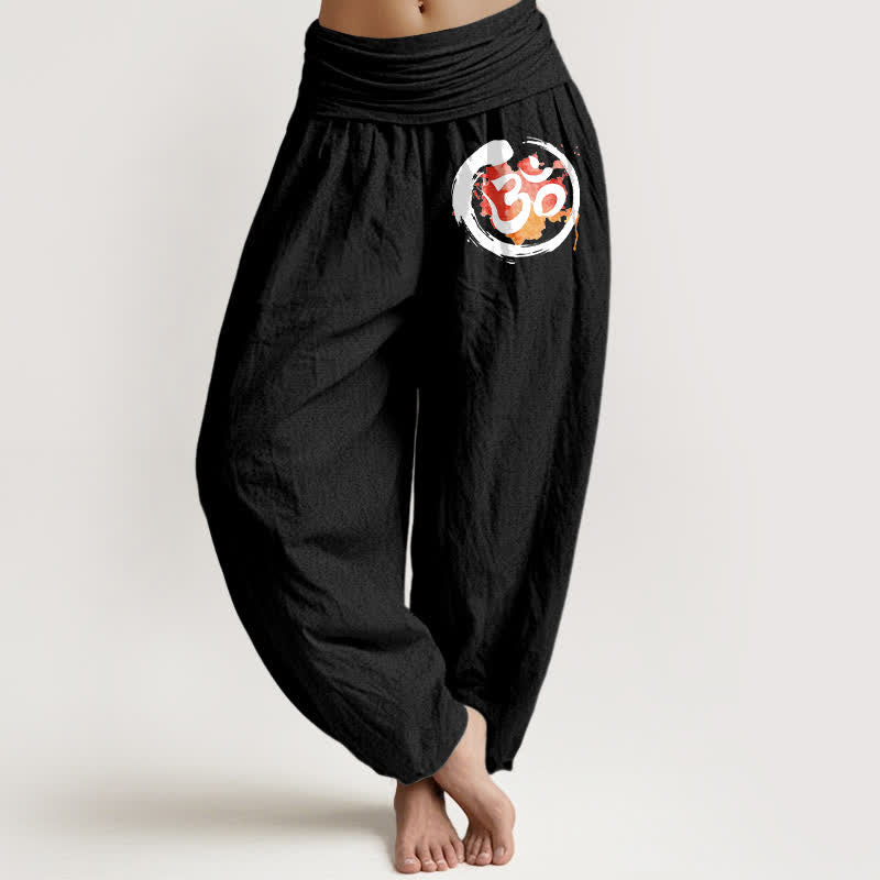 Buddha Stones Pure Cotton Black Circle Red Symbol Pattern Women's Elastic Waist Harem Pants - Black - US16，UK/AU20，EU48 (3XL) - image 5