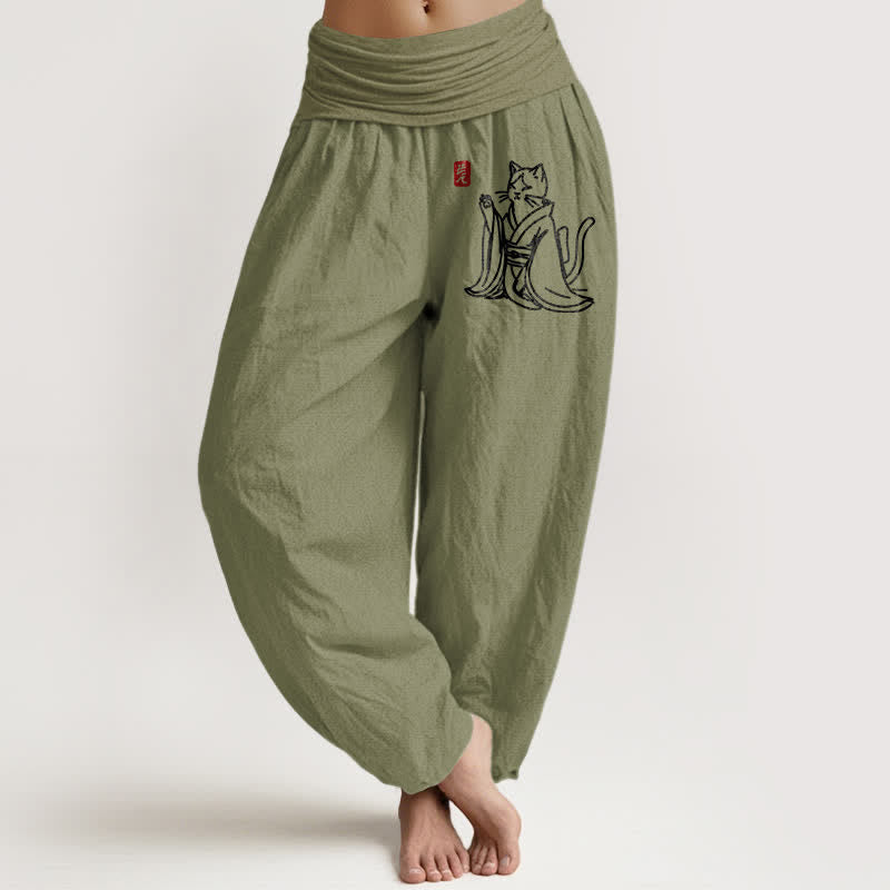 Buddha Stones Pure Cotton Zen Cat Pattern Women's Elastic Waist Harem Pants - OliveDrab - US16，UK/AU20，EU48 (3XL) - image 11