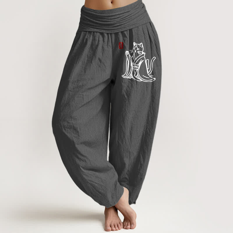 Buddha Stones Pure Cotton Zen Cat Pattern Women's Elastic Waist Harem Pants - DimGray - US16，UK/AU20，EU48 (3XL) - image 8