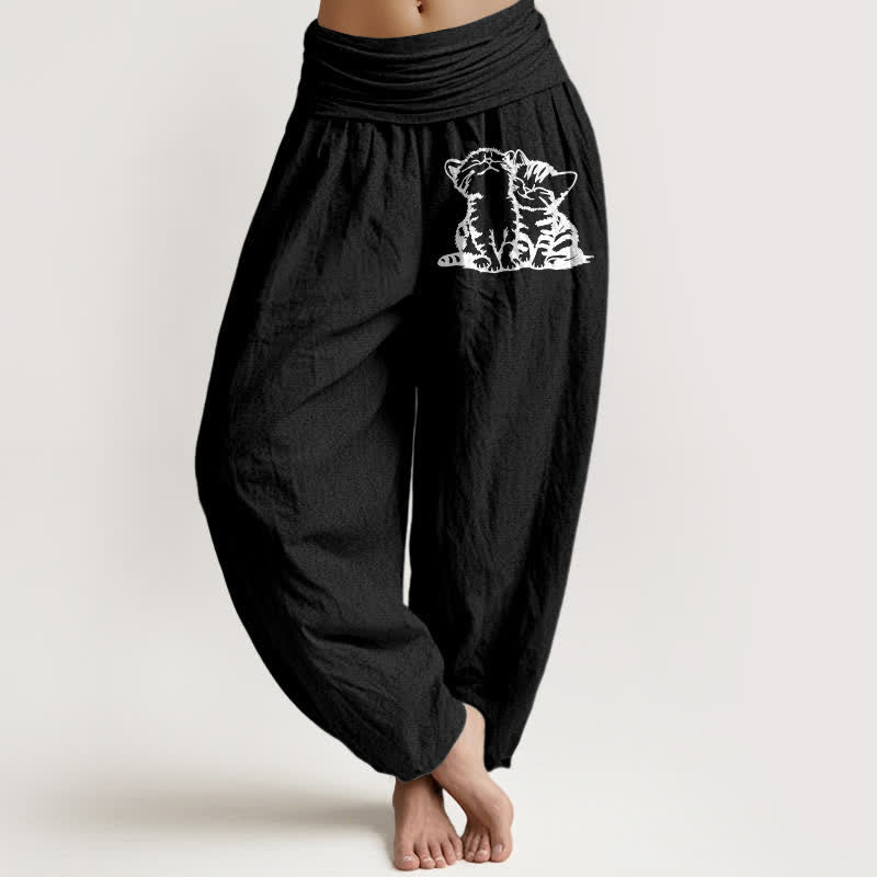 Buddha Stones Pure Cotton White Cat Pattern Women's Elastic Waist Harem Pants - Black - US16，UK/AU20，EU48 (3XL) - image 5