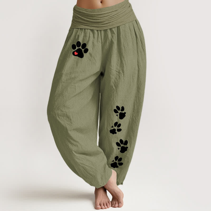 Buddha Stones Pure Cotton White Paw Print Pattern Women's Elastic Waist Harem Pants - OliveDrab - US16，UK/AU20，EU48 (3XL) - image 8