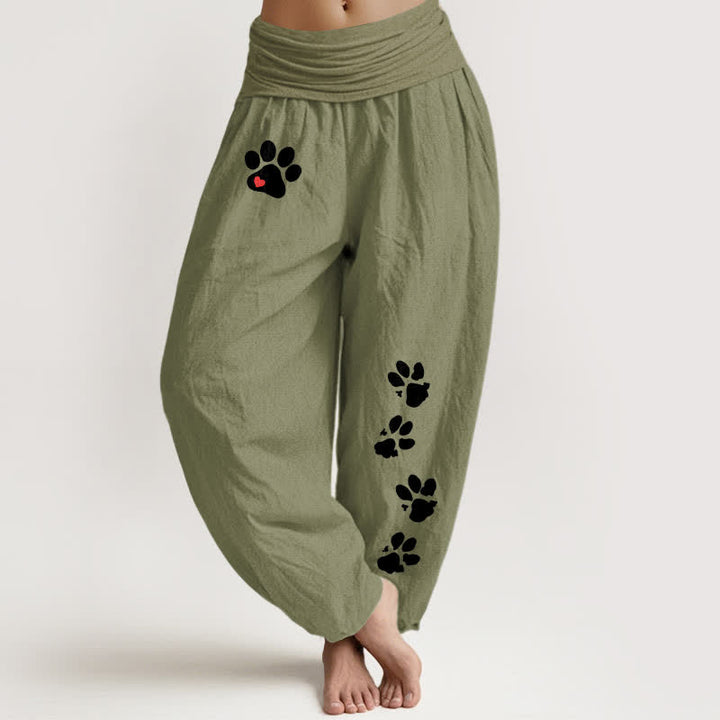 Buddha Stones Pure Cotton White Paw Print Pattern Women's Elastic Waist Harem Pants - OliveDrab - US16，UK/AU20，EU48 (3XL) - image 8
