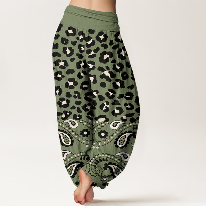 Buddha Stones Cotton Olive Leopard Paisley Pattern Women's Elastic Waist Harem Pants - image 2