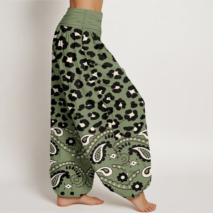 Buddha Stones Cotton Olive Leopard Paisley Pattern Women's Elastic Waist Harem Pants - image 1
