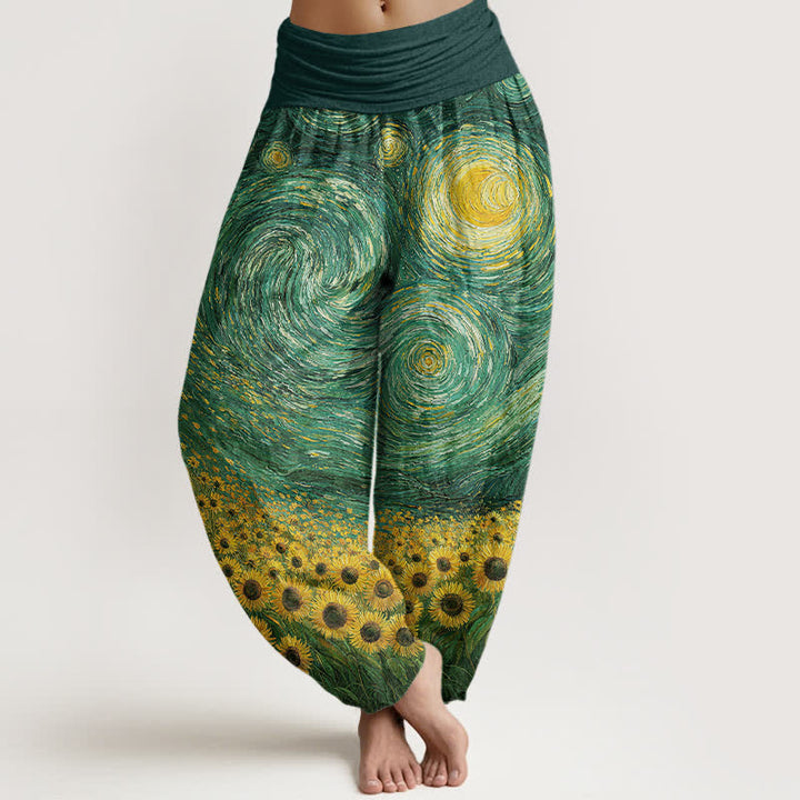 Buddha Stones Cotton Starry Night Sunflower Pattern Women's Elastic Waist Harem Pants - SeaGreen - US16，UK/AU20，EU48 (3XL) - image 5