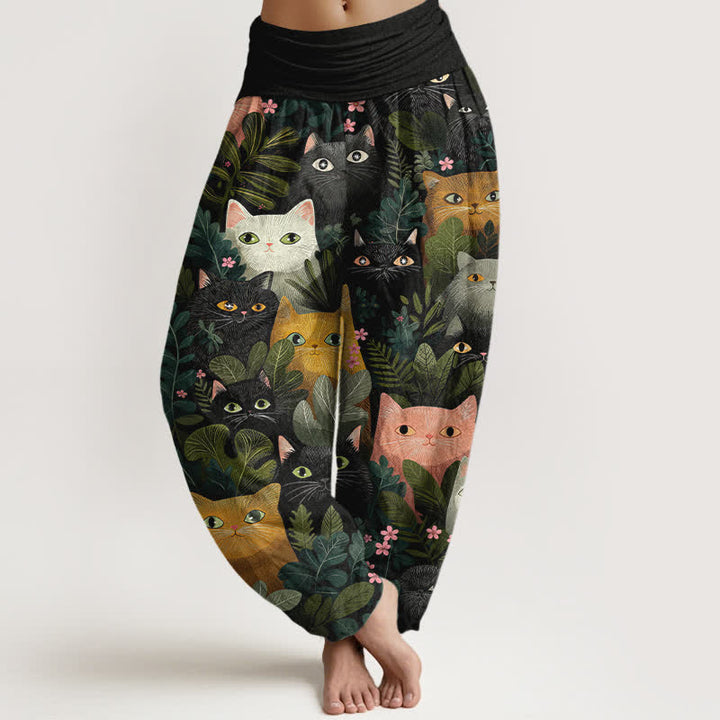 Buddha Stones Cotton Cartoon Cat Leaf Pattern Women's Elastic Waist Harem Pants - Black - US16，UK/AU20，EU48 (3XL) - image 0