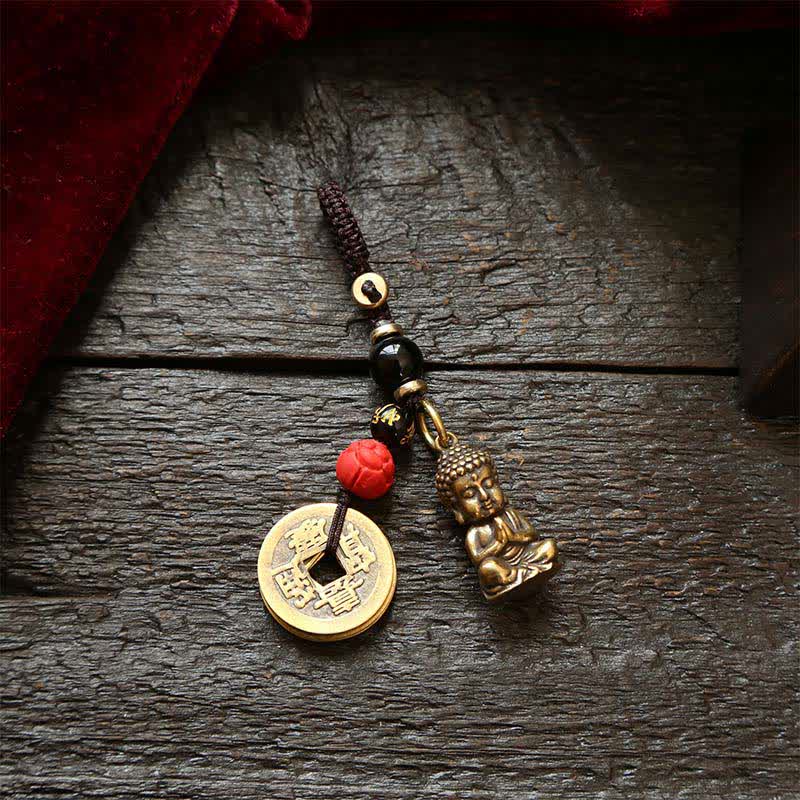 Buddha Stones Brass Buddha Five Emperor Coins Braided Cord Compassion Keychains - Five Emperor Coins - image 8