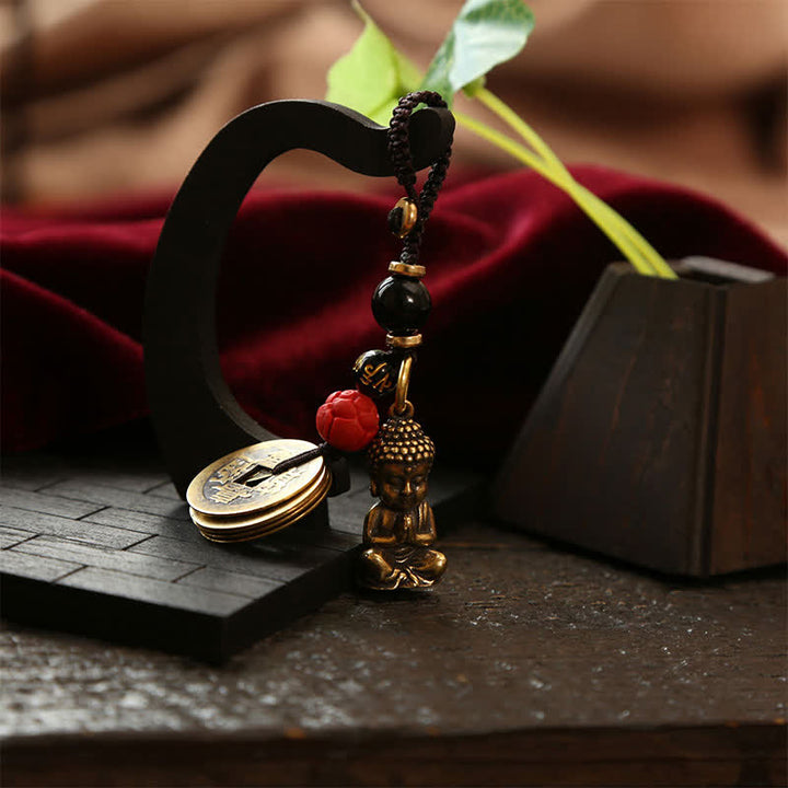 Buddha Stones Brass Buddha Five Emperor Coins Braided Cord Compassion Keychains - image 9