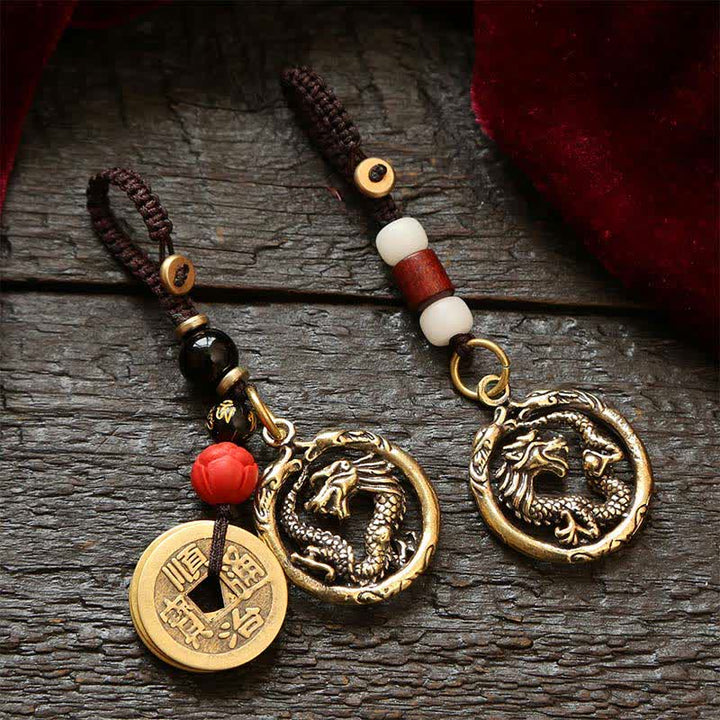 Buddha Stones Copper Dragon Wealth Braided Round Keychains - image 0