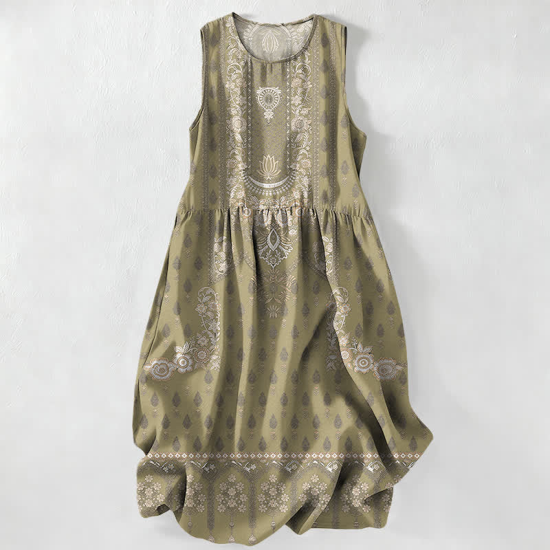 Buddha Stones Summer Casual Boho Ethnic Medallion Pattern Women's Summer Sleeveless Midi Dress With Pockets - Olive - US16，UK/AU20，EU48 (3XL) - image 4