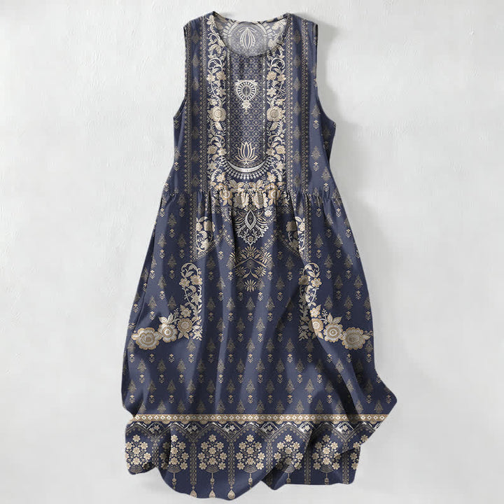 Buddha Stones Summer Casual Boho Ethnic Medallion Pattern Women's Summer Sleeveless Midi Dress With Pockets - Navy - US16，UK/AU20，EU48 (3XL) - image 5