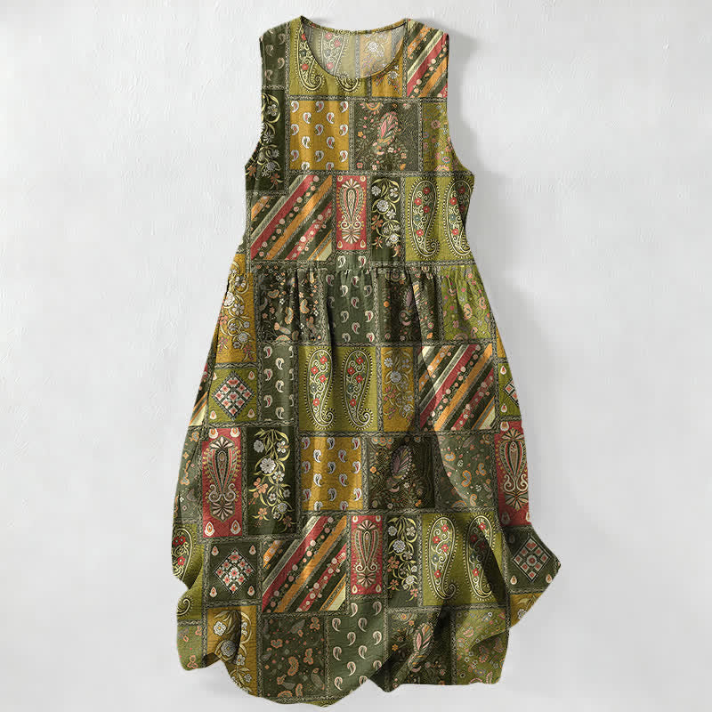 Buddha Stones Summer Casual Olive Patchwork Paisley Floral Pattern Women's Summer Sleeveless Midi Dress With Pockets - DarkKhaki - US16，UK/AU20，EU48 (3XL) - image 4