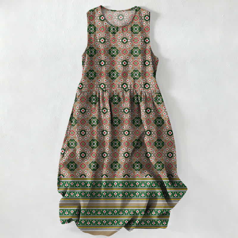 Buddha Stones Summer Casual Blue Bohemian Geometric Border Pattern Women's Summer Sleeveless Midi Dress With Pockets - DarkGoldenrod - US16，UK/AU20，EU48 (3XL) - image 5