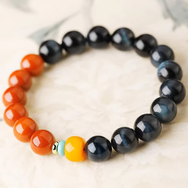 Buddha Stones Blue Tiger Eye South Red Agate Power Round Bead Bracelet - image 1
