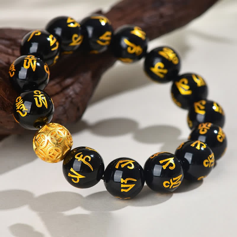 Buddha Stones Black Obsidian Om Mani Padme Hum Strength Bracelet - image 3