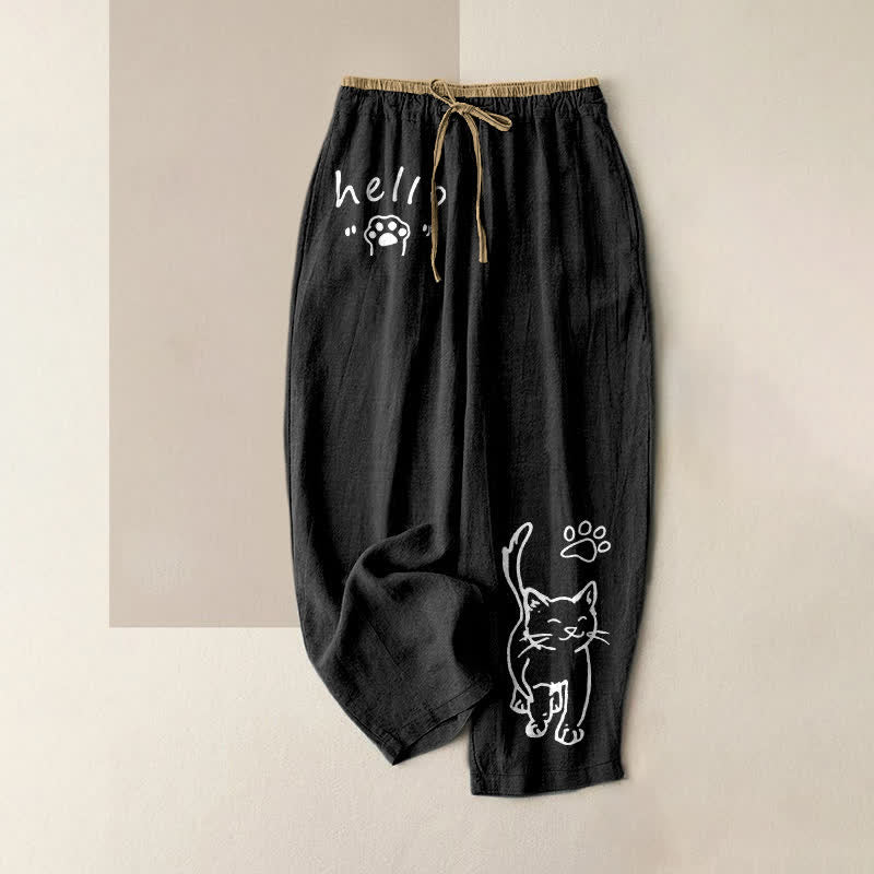 Buddha Stones Pure Cotton Hello Cat Paw Pattern Women's Elastic Waist Pants With Pockets - Black - US16，UK/AU20，EU48 (3XL) - image 0