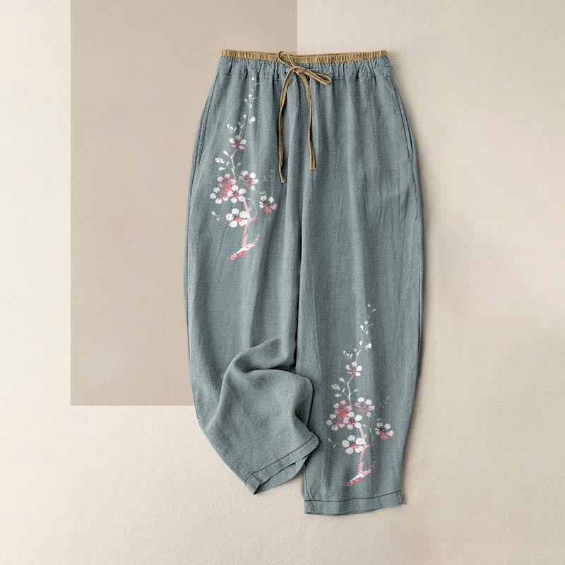 Buddha Stones Pure Cotton Oriental Blossom Branch Pattern Women's Elastic Waist Pants With Pockets - CadetBlue - US16，UK/AU20，EU48 (3XL) - image 5