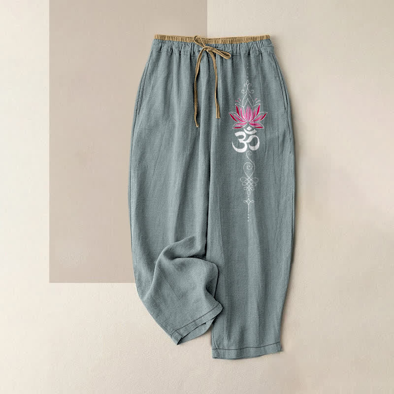 Buddha Stones Pure Cotton Zen Lotus Om Pattern Women's Elastic Waist Pants With Pockets - CadetBlue - US16，UK/AU20，EU48 (3XL) - image 5