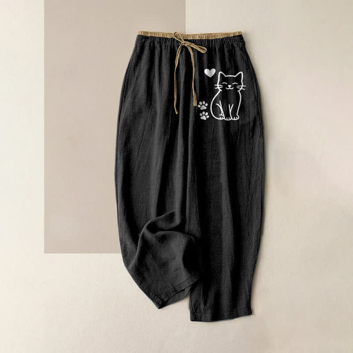 Buddha Stones Pure Cotton Cute Cat Heart Paw Print Pattern Women's Elastic Waist Pants With Pockets - Black - US16，UK/AU20，EU48 (3XL) - image 0