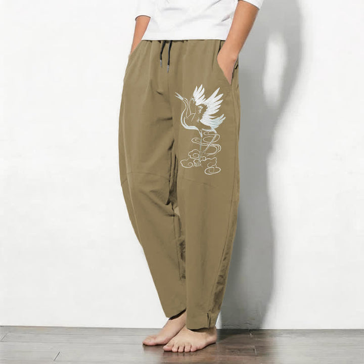 Buddha Stones Pure Cotton White Crane Pattern Drawstring Men's Tapered Pants With Pockets - image 15
