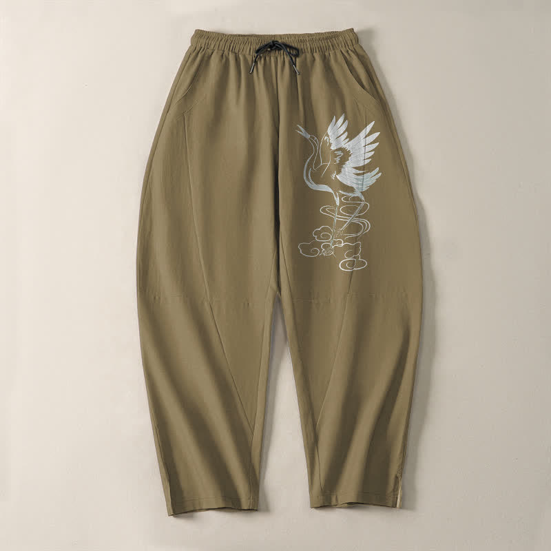 Buddha Stones Pure Cotton White Crane Pattern Drawstring Men's Tapered Pants With Pockets - image 16