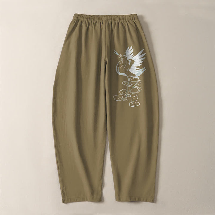 Buddha Stones Pure Cotton White Crane Pattern Drawstring Men's Tapered Pants With Pockets - image 17