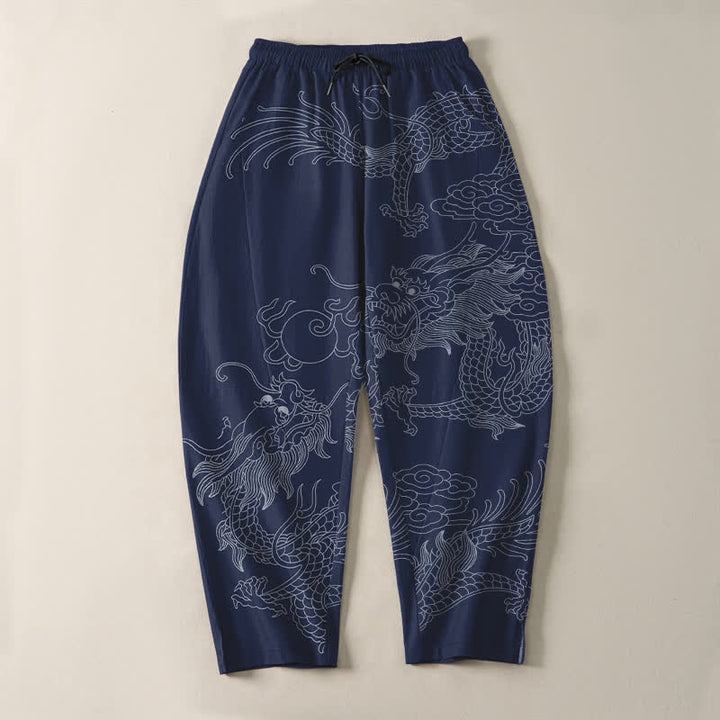 Buddha Stones Pure Cotton Golden Dragon Cloud Pattern Drawstring Men's Tapered Pants With Pockets - image 16