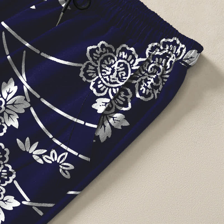 Buddha Stones Pure Cotton White Floral Vine Pattern Drawstring Men's Tapered Pants With Pockets - image 4