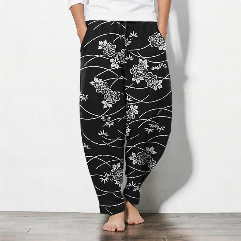 Buddha Stones Pure Cotton White Floral Vine Pattern Drawstring Men's Tapered Pants With Pockets - Black - US/UK/AU50，EU60 (5XL) - image 7