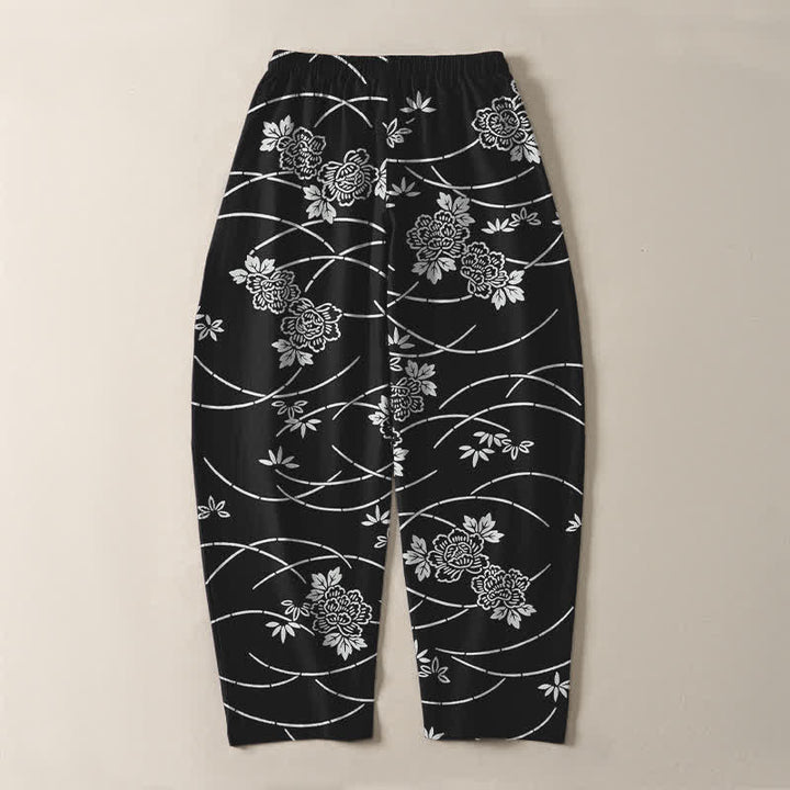 Buddha Stones Pure Cotton White Floral Vine Pattern Drawstring Men's Tapered Pants With Pockets - image 10