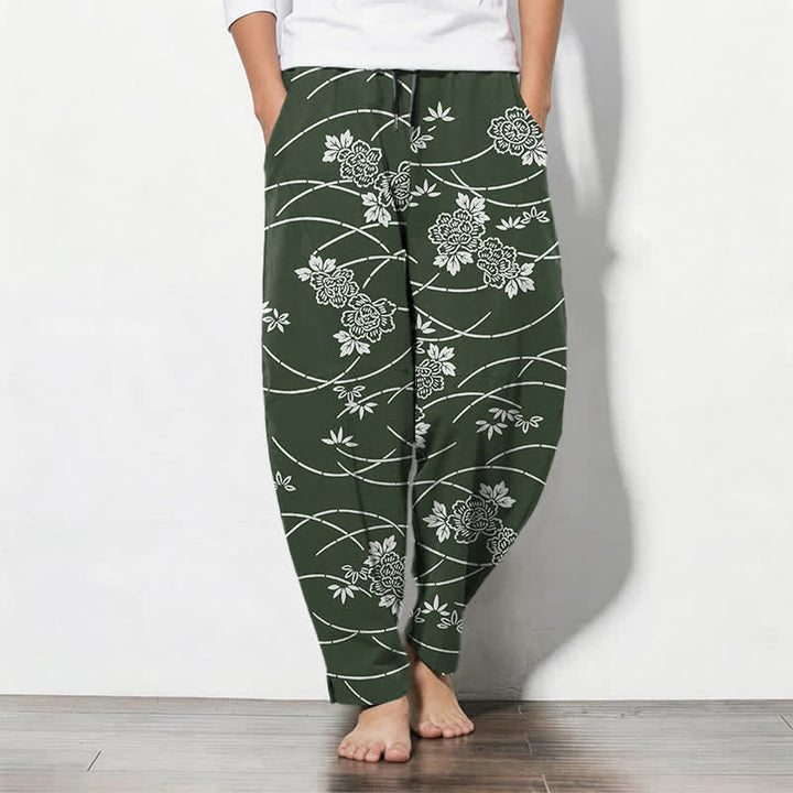 Buddha Stones Pure Cotton White Floral Vine Pattern Drawstring Men's Tapered Pants With Pockets - ForestGreen - US/UK/AU50，EU60 (5XL) - image 11
