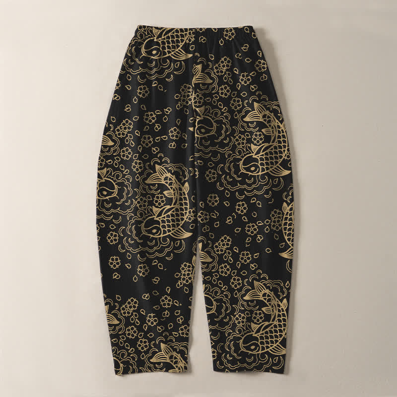 Buddha Stones Pure Cotton Golden Koi Fish Floral Pattern Drawstring Men's Tapered Pants With Pockets - image 3