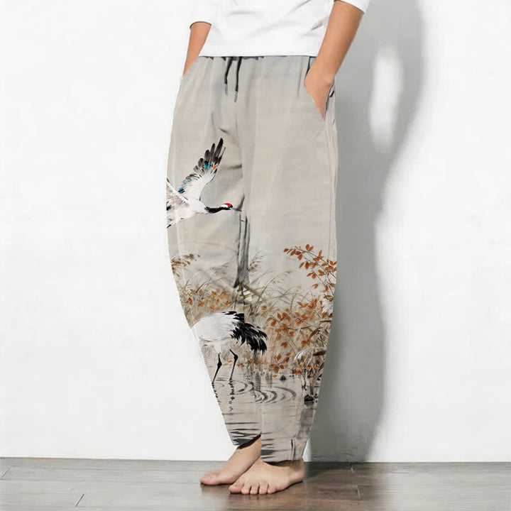 Buddha Stones Pure Cotton Ink Wash Crane Reeds Pattern Drawstring Men's Tapered Pants With Pockets - image 1