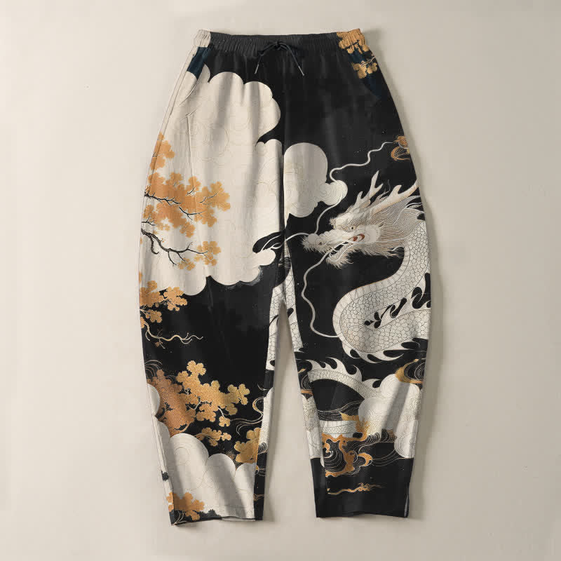 Buddha Stones Pure Cotton Eastern Dragon Cloud Pattern Drawstring Men's Tapered Pants With Pockets - image 13