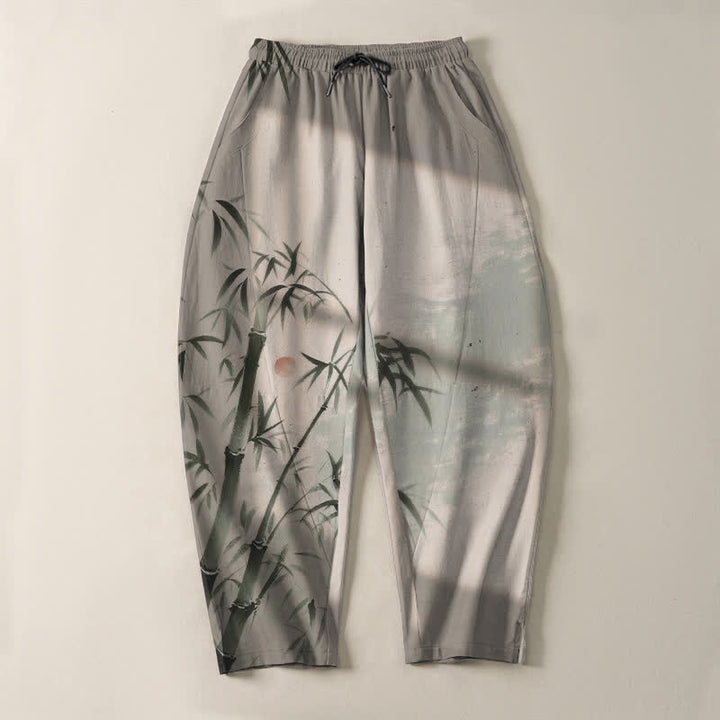 Buddha Stones Pure Cotton Ink Bamboo Pattern Drawstring Men's Tapered Pants With Pockets - image 2