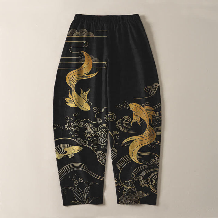 Buddha Stones Pure Cotton Golden Koi Fish Wave Pattern Drawstring Men's Tapered Pants With Pockets - image 3