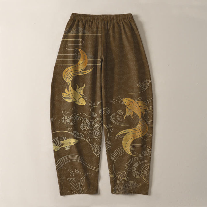 Buddha Stones Pure Cotton Golden Koi Fish Wave Pattern Drawstring Men's Tapered Pants With Pockets - image 10