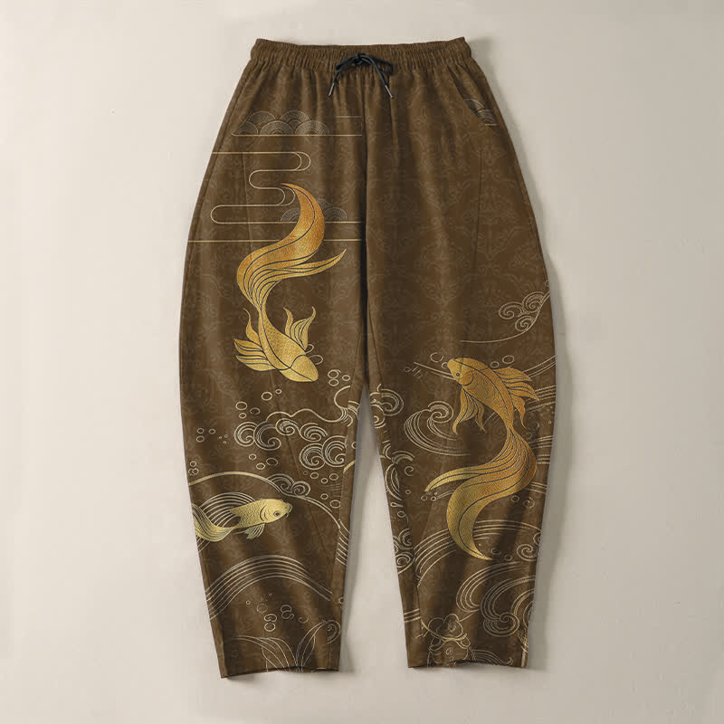Buddha Stones Pure Cotton Golden Koi Fish Wave Pattern Drawstring Men's Tapered Pants With Pockets - image 9