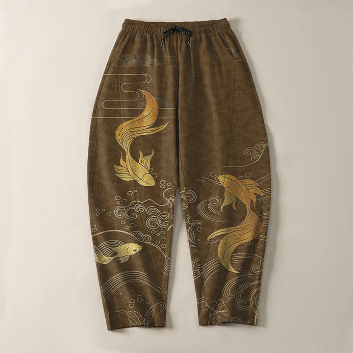 Buddha Stones Pure Cotton Golden Koi Fish Wave Pattern Drawstring Men's Tapered Pants With Pockets - image 9