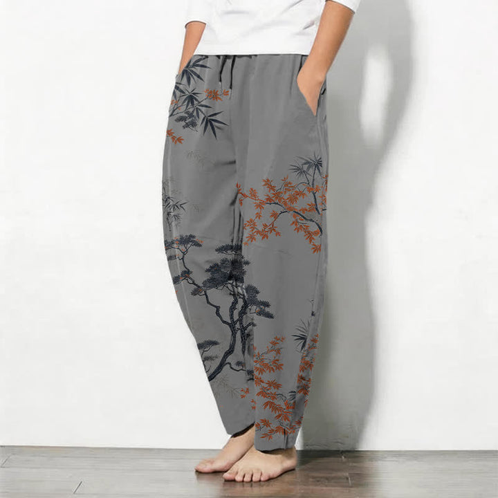 Buddha Stones Pure Cotton Maple Bamboo Pine Pattern Drawstring Men's Tapered Pants With Pockets - image 8