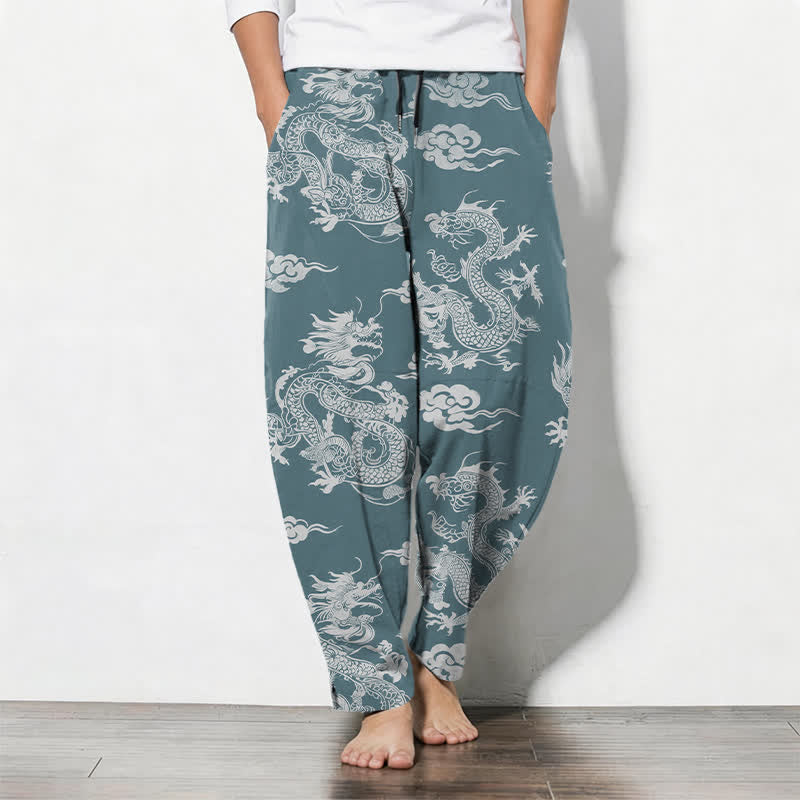 Buddha Stones Pure Cotton Dark Dragon Cloud Pattern Drawstring Men's Tapered Pants With Pockets - CadetBlue - US/UK/AU50，EU60 (5XL) - image 7