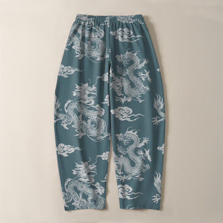 Buddha Stones Pure Cotton Dark Dragon Cloud Pattern Drawstring Men's Tapered Pants With Pockets - image 10