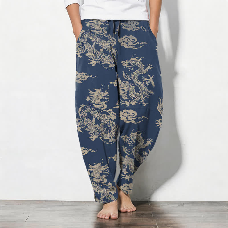 Buddha Stones Pure Cotton Dark Dragon Cloud Pattern Drawstring Men's Tapered Pants With Pockets - Navy - US/UK/AU50，EU60 (5XL) - image 11