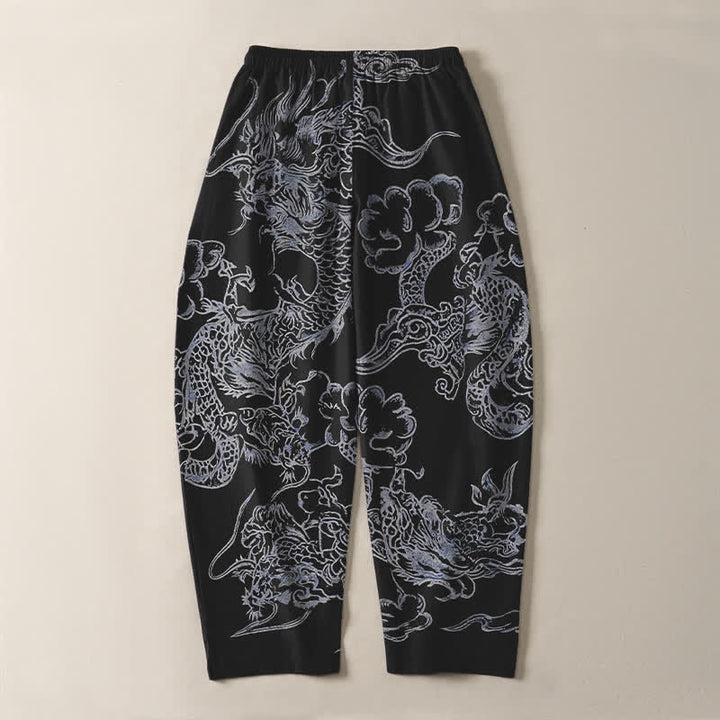 Buddha Stones Pure Cotton Dragon Cloud Pattern Drawstring Men's Tapered Pants With Pockets - image 14