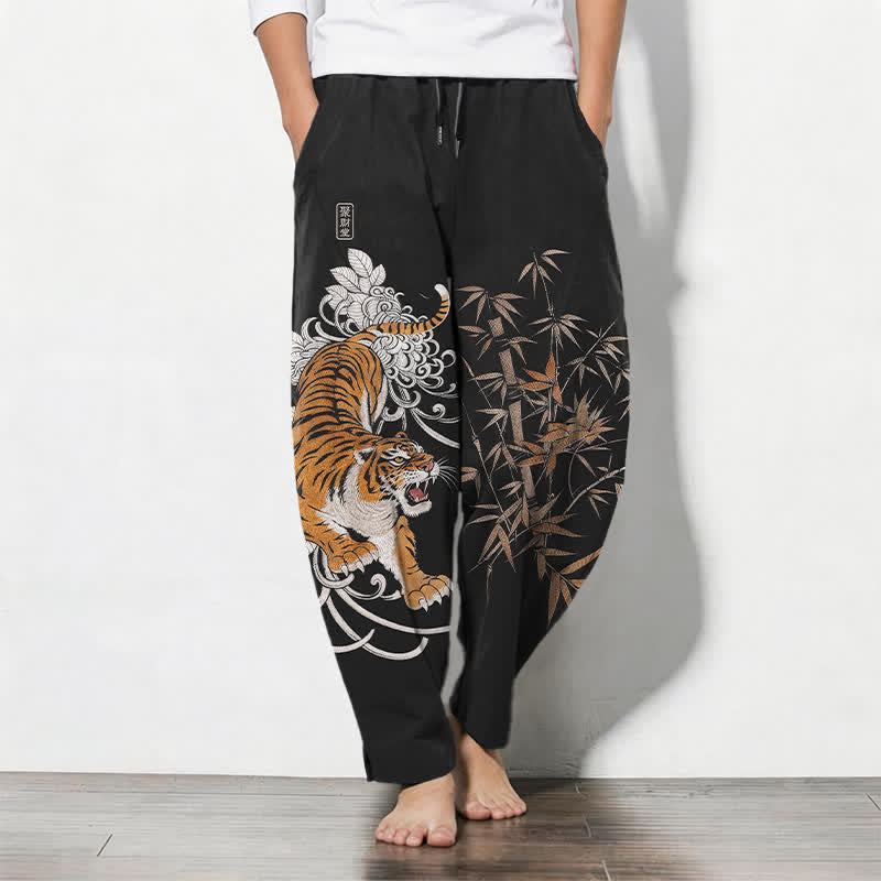 Buddha Stones Pure Cotton Roaring Tiger Bamboo Pattern Drawstring Men's Tapered Pants With Pockets - Black - US/UK/AU50，EU60 (5XL) - image 11