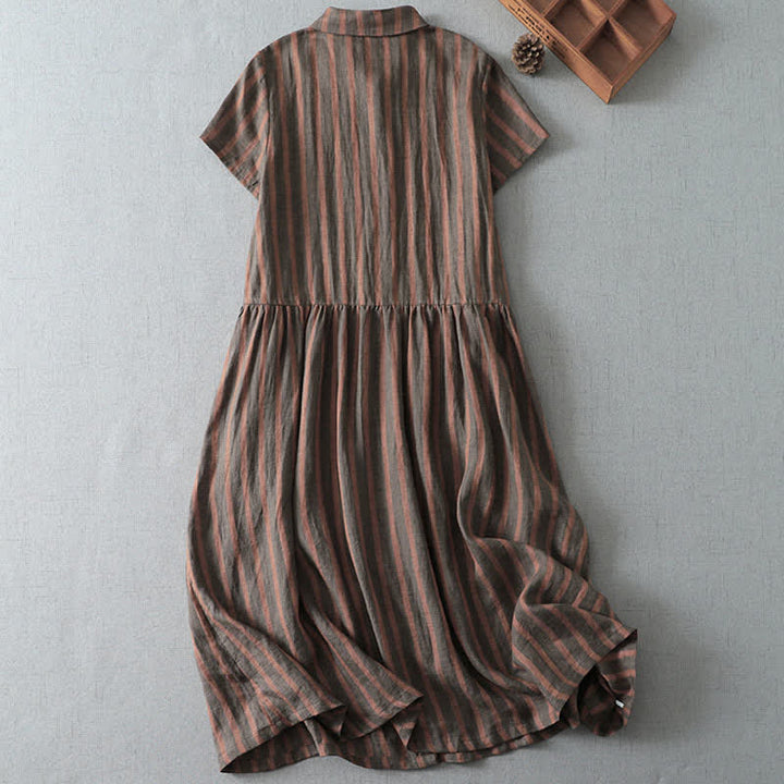 Buddha Stones Summer Casual Vintage Button-Up Striped Women's Short Sleeve Dresses With Pocket - image 5