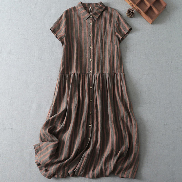 Buddha Stones Summer Casual Vintage Button-Up Striped Women's Short Sleeve Dresses With Pocket - Sienna - US12, UK/AU16, EU44 (2XL) - image 4
