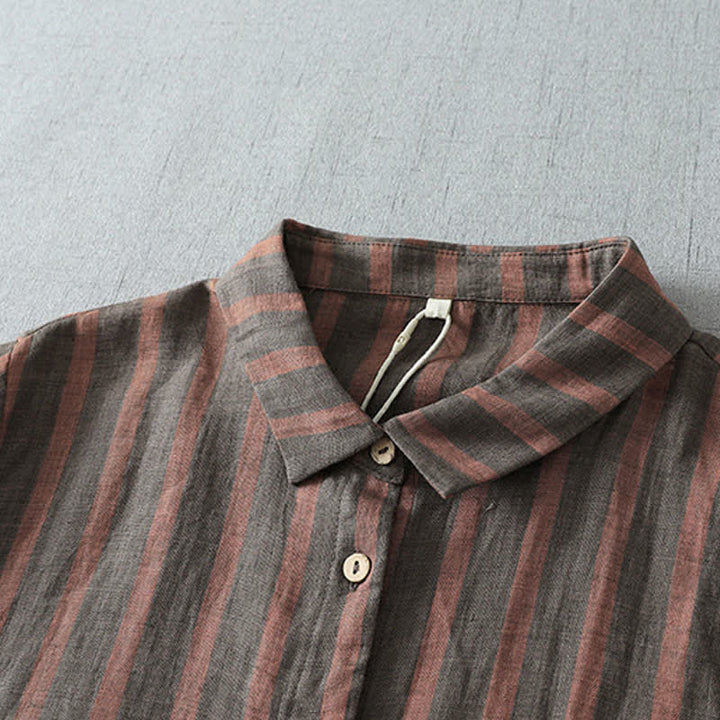 Buddha Stones Summer Casual Vintage Button-Up Striped Women's Short Sleeve Dresses With Pocket - image 6