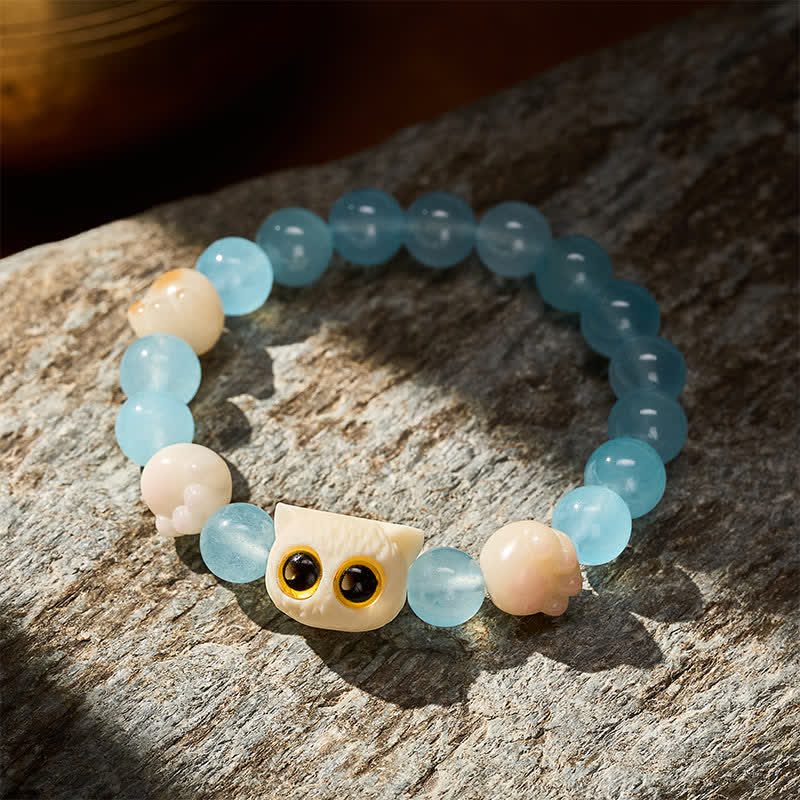 Buddha Stones Blue Chalcedony Hand Carved Cat Purity Bead Bracelet - image 13